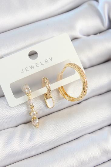 Pirinç Zirkon Taşlı Sallantılı Model Gold Renk 3’lü Çift Kadın Küpe Set