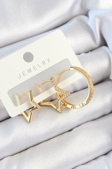 Pirinç Zirkon Taşlı Yıldız Ve Halka Model Gold Renk 3’lü Çift Kadın Küpe Set