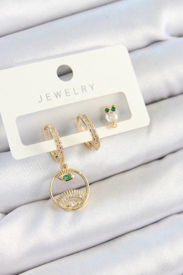 Pirinç Zirkon Taşlı Göz Ve Baykuş Model Gold Renk 3’lü Çift Kadın Küpe Set