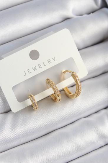 Pirinç Zirkon Taşlı Halka Model Gold Renk 3’lü Çift Kadın Küpe Set