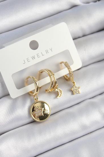 Pirinç Zirkon Taşlı Yıldız Ve Ay Model Gold Renk 3’lü Çift Kadın Küpe Set