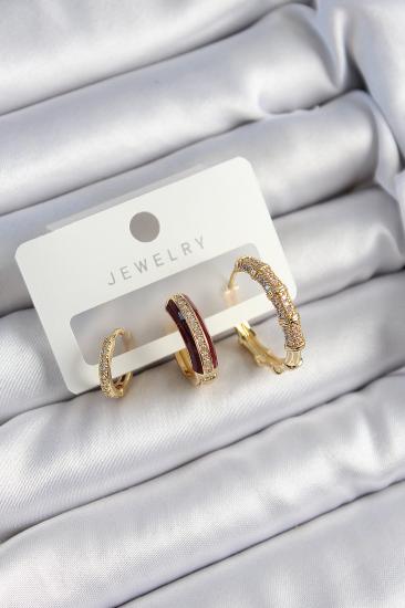 Pirinç Zirkon Taşlı Bordo Halka Model Gold Renk 3’lü Çift Kadın Küpe Set