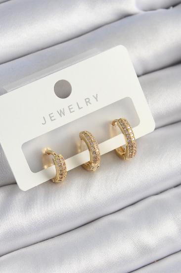 Pirinç Zirkon Taşlı Yıldız Model Gold Renk 3’lü Çift Kadın Küpe Set