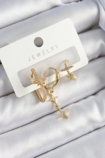 Pirinç Zirkon Taşlı Yıldız Model Gold Renk 3’lü Çift Kadın Küpe Set
