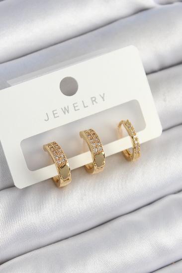 Pirinç Zirkon Taşlı Halka Model Gold Renk 3’lü Çift Kadın Küpe Set
