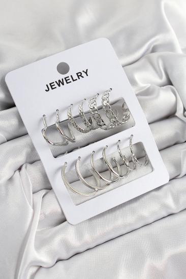 Pirinç Karışık Halka Model Gümüş Renk 6 Çift Kadın Küpe Set