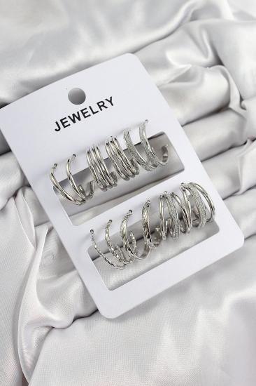 Pirinç Karışık Halka Model Gümüş Renk 6 Çift Kadın Küpe Set