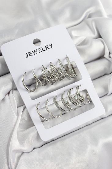 Pirinç Karışık Halka Model Gümüş Renk 6 Çift Kadın Küpe Set
