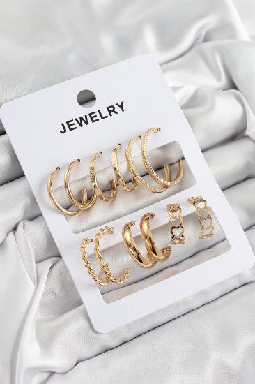 Pirinç Karışık Halka Model Gold Renk 6 Çift Kadın Küpe Set