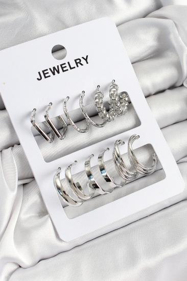 Pirinç Karışık Halka Model Gümüş Renk 6 Çift Kadın Küpe Set