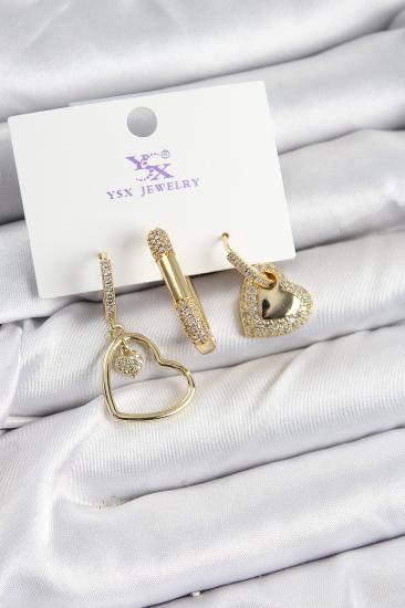 Pirinç Zİrkon Taşlı Kalp Model Gold Renk 3’lü Kadın Küpe