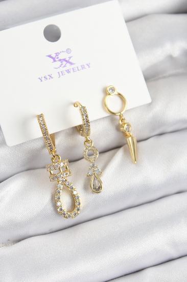 Pirinç Zİrkon Taşlı Sallantılı Model Gold Renk 3’lü Kadın Küpe