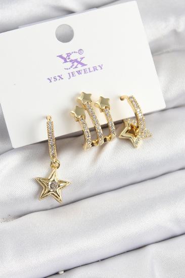 Pirinç Zİrkon Taşlı Sallantılı Yıldız Model Gold Renk 3’lü Kadın Küpe
