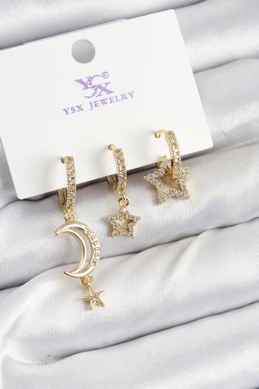 Pirinç Zİrkon Taşlı Ay Ve Hilal Model Gold Renk 3’lü Kadın Küpe