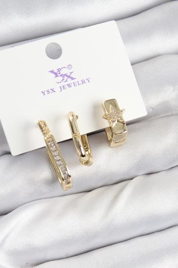 Pirinç Zİrkon Taşlı Yıldız Model Gold Renk 3’lü Kadın Küpe