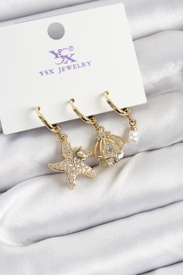 Pirinç Zİrkon Taşlı Deniz Yıldızı Ve İstiridye Model Gold Renk 3’lü Kadın Küpe