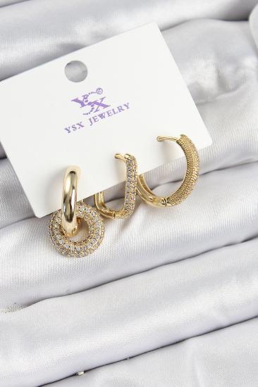 Pirinç Zİrkon Taşlı Halka Model Gold Renk 3’lü Kadın Küpe