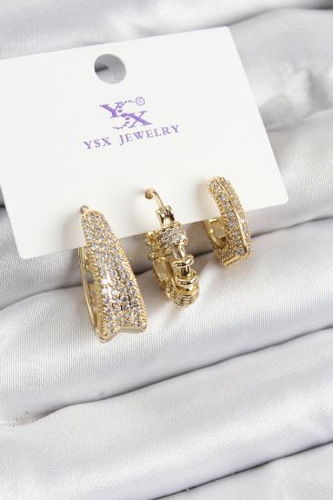 Pirinç Zİrkon Taşlı Halka Model Gold Renk 3’lü Kadın Küpe
