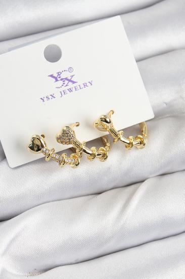 Pirinç Zİrkon Taşlı Kalp Model Gold Renk 3’lü Kadın Küpe
