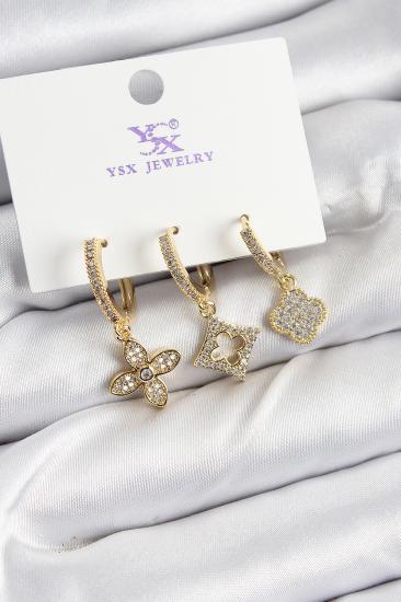 Pirinç Zİrkon Taşlı Yonca Model Gold Renk 3’lü Kadın Küpe