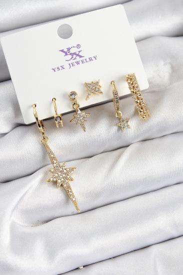 Pirinç Zİrkon Taşlı Kutup Yıldızı Model Gold Renk 3’lü Çift Kadın Küpe