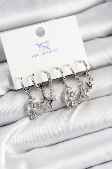 Pirinç Zİrkon Taşlı Ay ve Yıldız Model Gümüş Renk 3’lü Çift Kadın Küpe