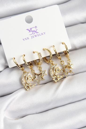 Pirinç Zİrkon Taşlı Ay ve Yıldız Model Gold Renk 3’lü Çift Kadın Küpe