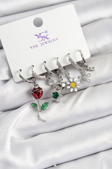 Pirinç Zİrkon Taşlı Gül Ve Papatya Model Gümüş Renk 3’lü Çift Kadın Küpe