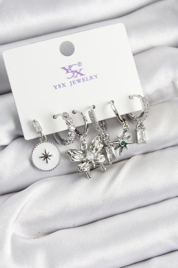 Pirinç Zİrkon Taşlı Kelebek ve Yıldız Model Gümüş Renk 3’lü Çift Kadın Küpe