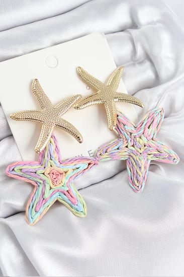 Pirinç Sallantılı Rainbow Deniz Yıldızı Model Gold Renk Hasır Küpe