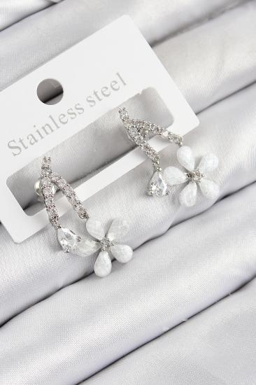 Pirinç Zirkon Taşlı Papatya Model Gümüş Renk Kadın Küpe