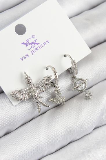 Pirinç Zirkon Taşlı 3’lü Kuş Model Gümüş Renk Kadın Küpe