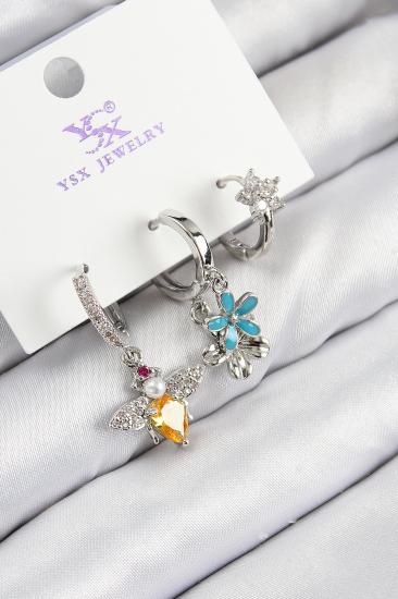 Pirinç Zirkon Taşlı 3’lü Arı Ve Çiçek Model Gümüş Renk Kadın Küpe