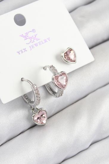 Pirinç Zirkon Taşlı 3’lü Pembe Kalp Model Gümüş Renk Kadın Küpe