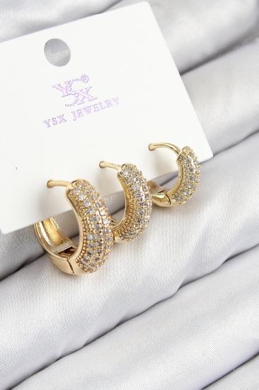 Pirinç Zirkon Taşlı 3’lü Halka Model Gold Renk Kadın Küpe