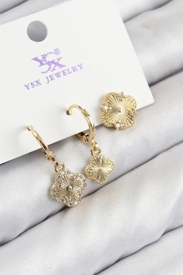 Pirinç Zirkon Taşlı 3’lü Yonca Model Gold Renk Kadın Küpe