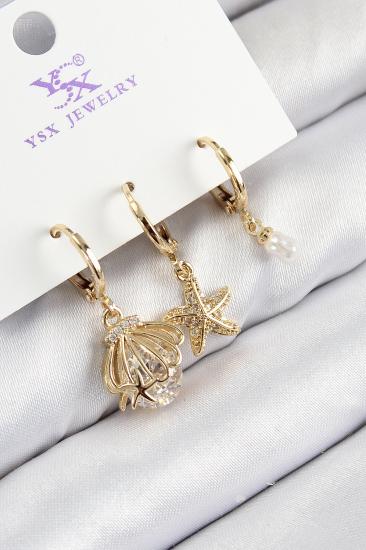 Pirinç Zirkon Taşlı 3’lü İstiridye Ve Yıldız Model Gold Renk Kadın Küpe