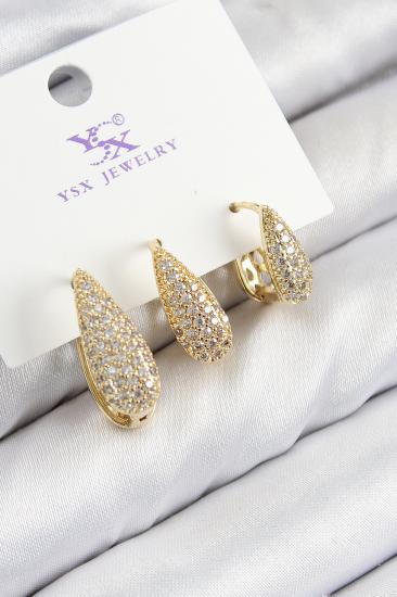 Pirinç Zirkon Taşlı 3’lü Damla Model Gold Renk Kadın Küpe