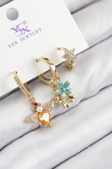 Pirinç Zirkon Taşlı 3’lü Arı Ve Çiçek Model Gold Renk Kadın Küpe