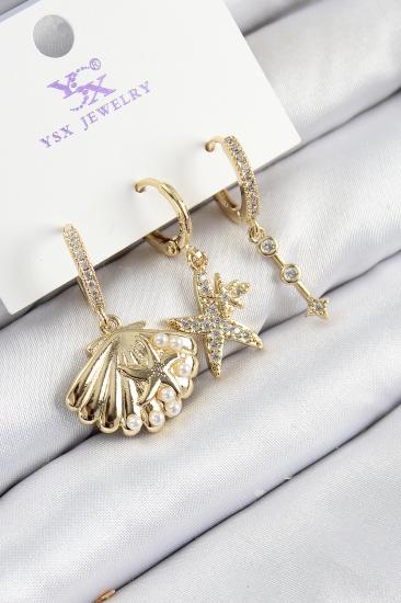Pirinç Zirkon Taşlı 3’lü İstiridye Ve Yıldız Model Gold Renk Kadın Küpe