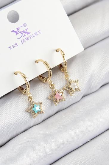 Pirinç Zirkon Taşlı 3’lü Renkli Yıldız Model Gold Renk Kadın Küpe