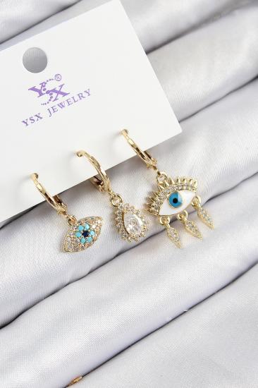 Pirinç Zirkon Taşlı 3’lü Fatma’nın Gözü Model Gold Renk Kadın Küpe
