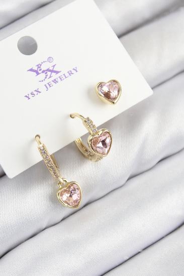 Pirinç Zirkon Taşlı 3’lü Pembe Kalp Model Gold Renk Kadın Küpe