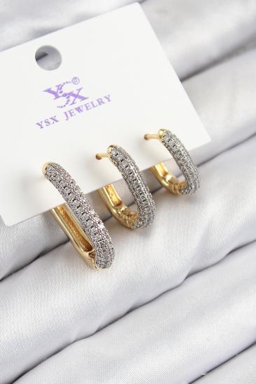 Pirinç Zirkon Taşlı 3’lü Oval Dikdörtgen Model Gold Ve Gümüş Renk Kadın Küpe