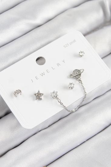 Pirinç Zirkon Taşlı Yıldız Ve Gezegen Model Gümüş Renk 925 Ayar Gümüş Çivi Kadın Küpe Set