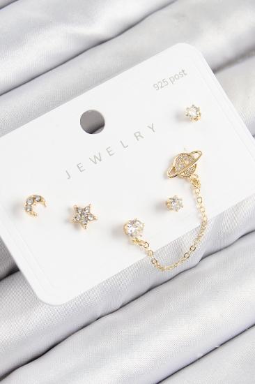 Pirinç Zirkon Taşlı Yıldız Ve Gezegen Model Gold Renk 925 Ayar Gümüş Çivi Kadın Küpe Set