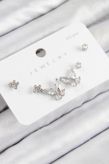 Pirinç Zirkon Taşlı Kelebek Model Gümüş Renk 925 Ayar Gümüş Çivi Kadın Küpe Set