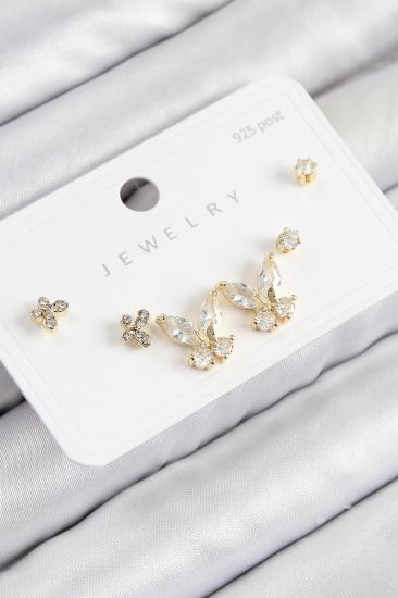 Pirinç Zirkon Taşlı Kelebek Model Gold Renk 925 Ayar Gümüş Çivi Kadın Küpe Set