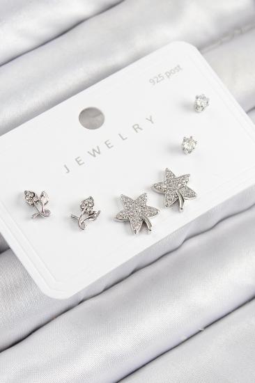Pirinç Zirkon Taşlı Yıldız Ve Gül Model Gümüş Renk 925 Ayar Gümüş Çivi Kadın Küpe Set