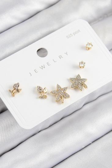 Pirinç Zirkon Taşlı Yıldız Ve Gül Model Gold Renk 925 Ayar Gümüş Çivi Kadın Küpe Set